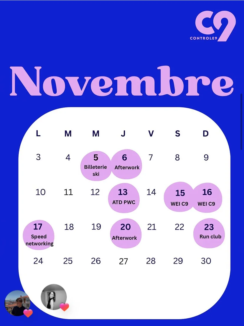 Calendrier mensuel des événements C9